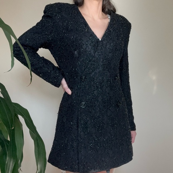 Carmen Marc Valvo Vintage Beaded Lace Double Breasted Blazer Dress Gala Formal - Picture 1 of 11